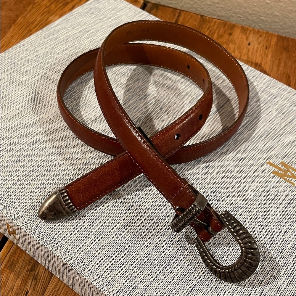 Brahmin Brown Leather Belt – Silver Buckle | Made in USA | Size Medium